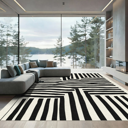 Bold Black White Abstract Stripe Rug