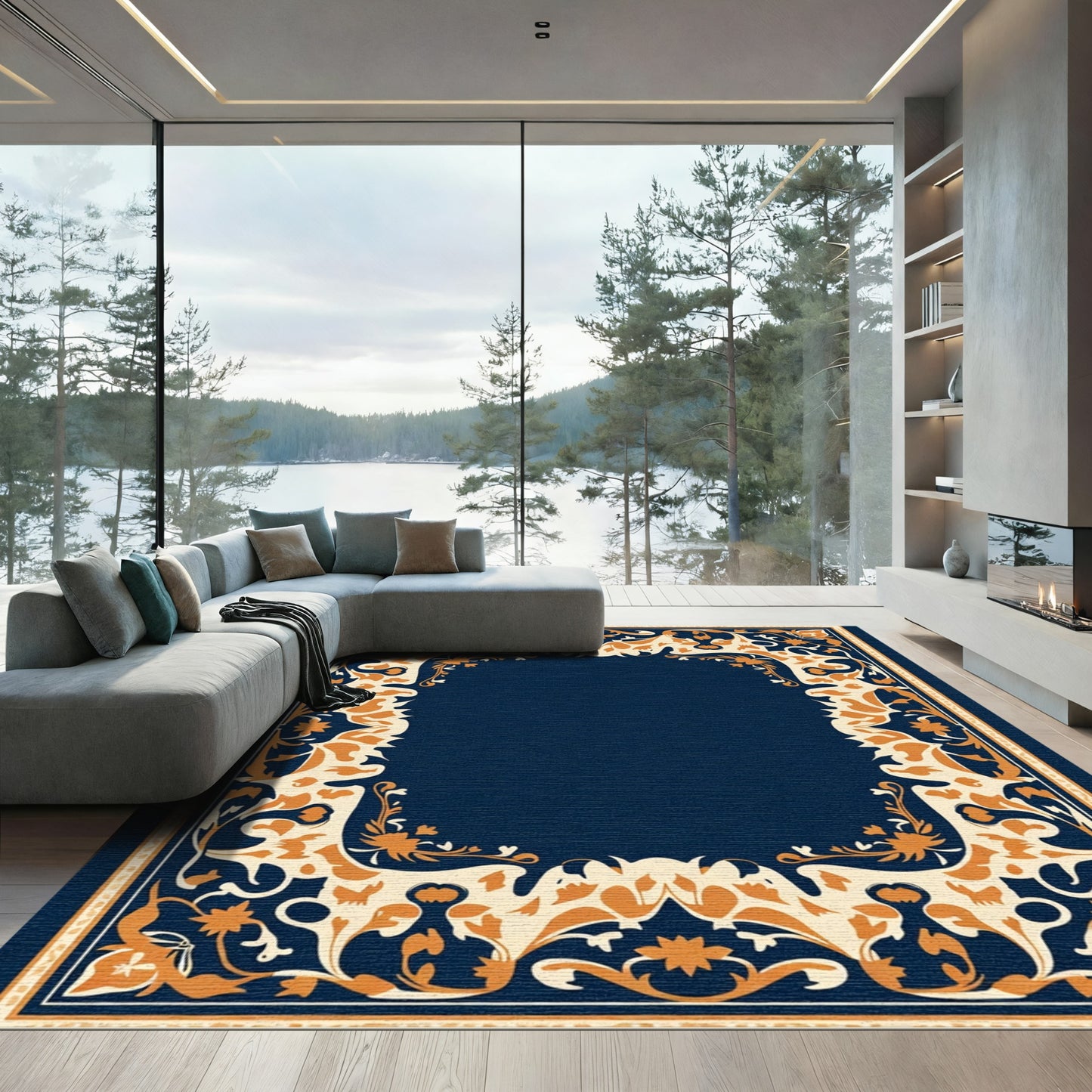 Deep Blue Golden Floral Border Rug