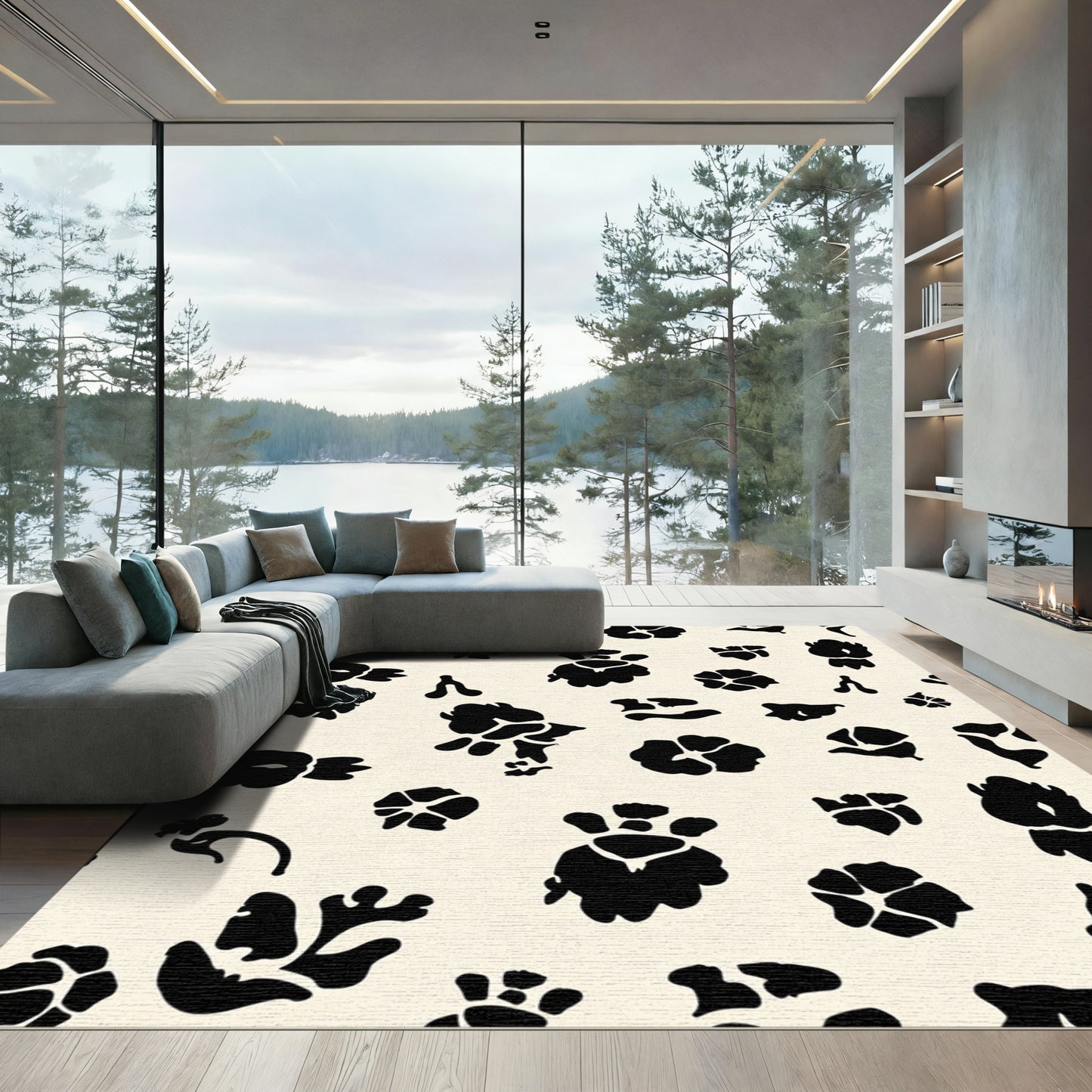 Whimsical Black Floral Blossom Background Rug
