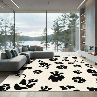 Whimsical Black Floral Blossom Background Rug