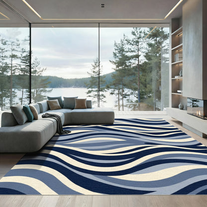 Deep Blue Cream Layered Wave Rug