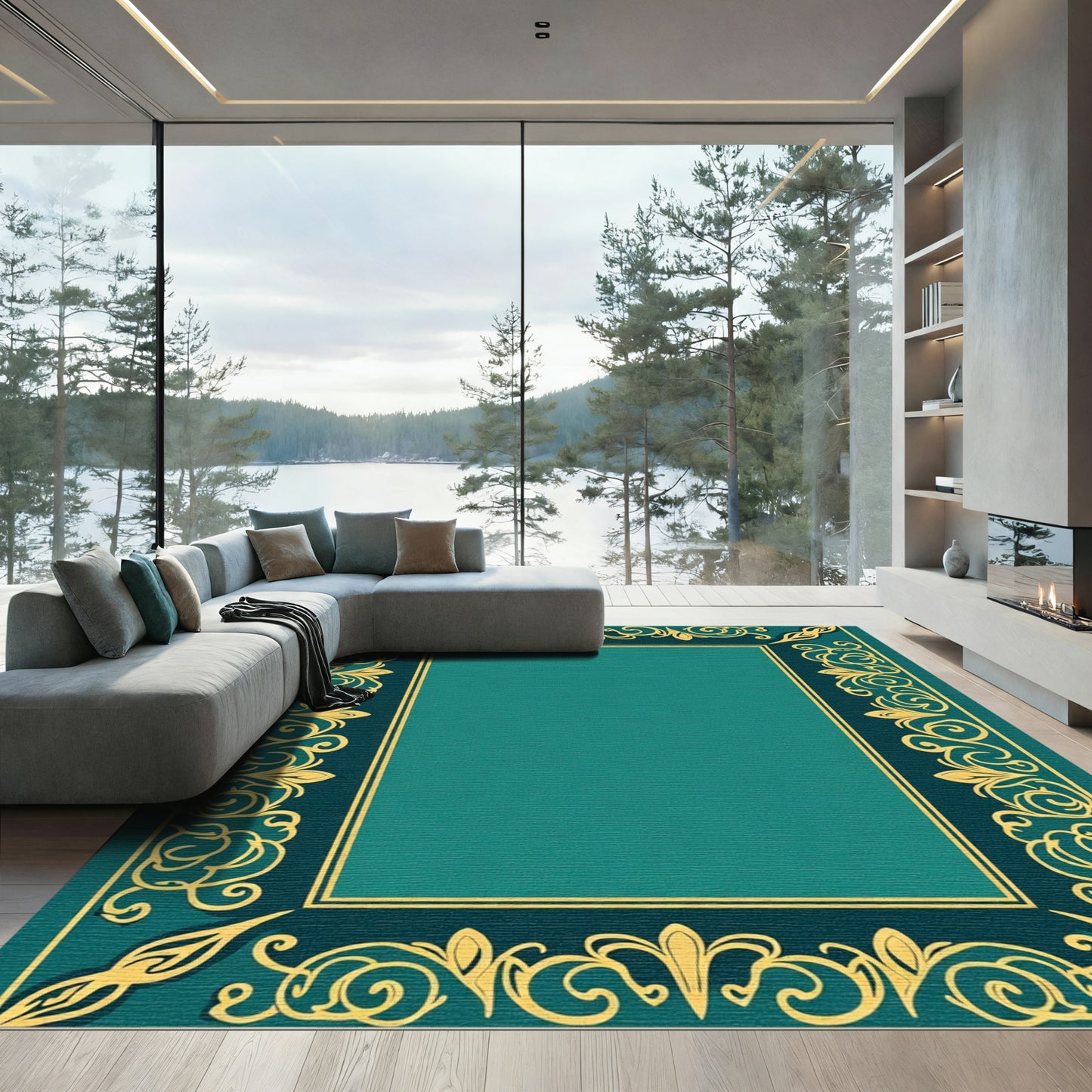 Teal Gold Ornate Scroll Border Rug