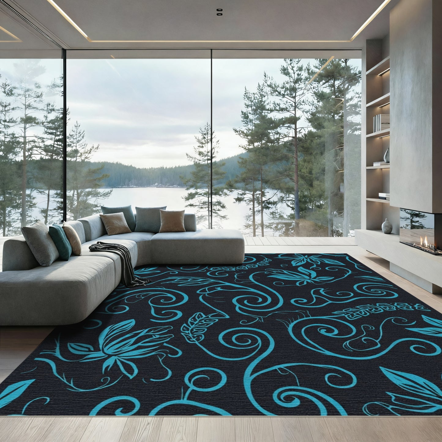 Cyan Floral Swirls on Black Rug