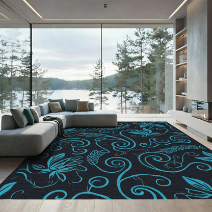 Cyan Floral Swirls on Black Rug