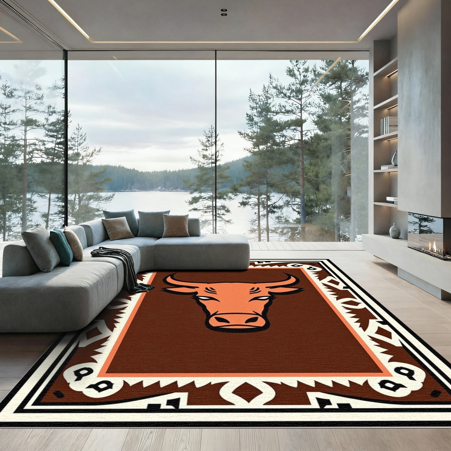 Rustic Orange Bull Medallion Rug