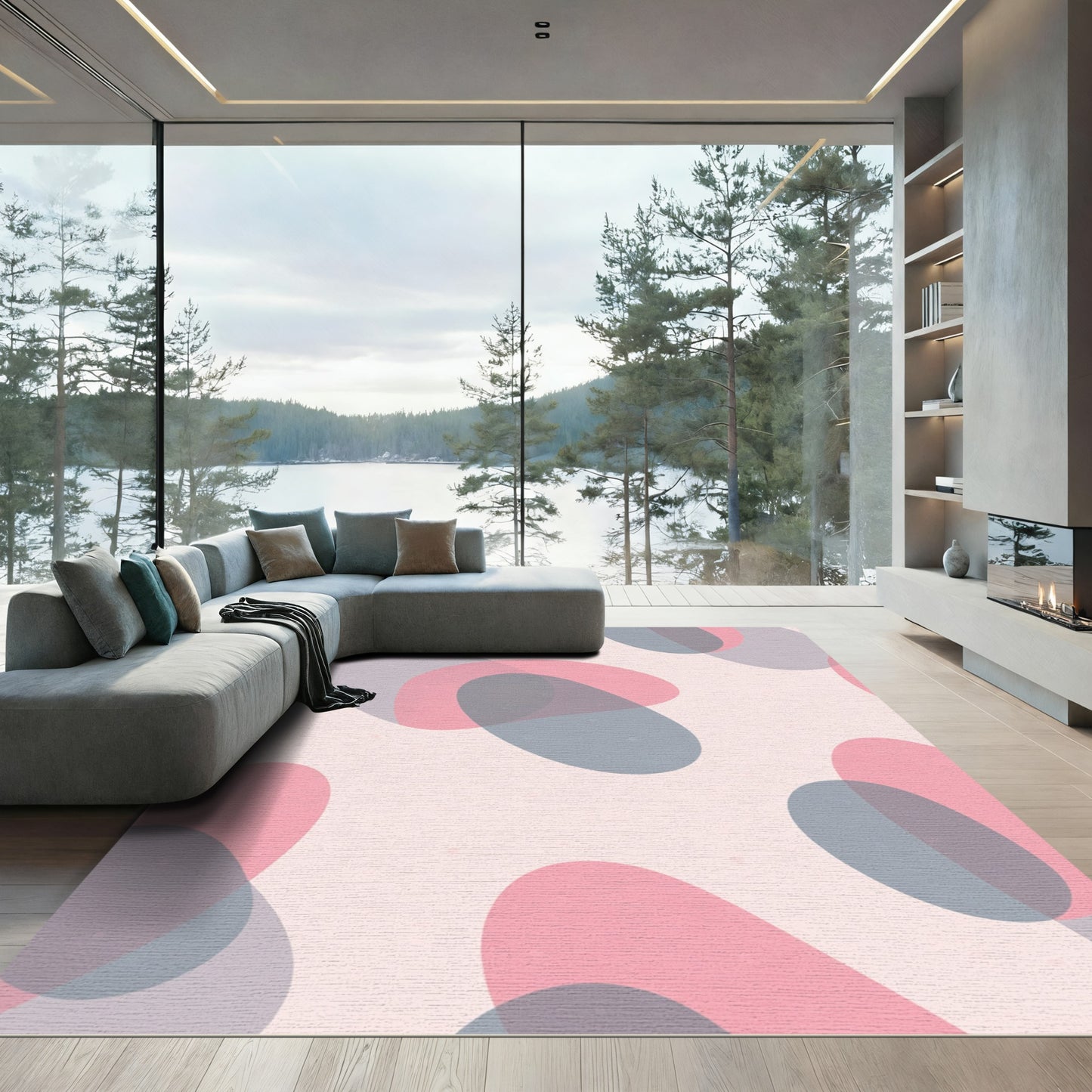 Soft Pink Gray Abstract Organic Shapes Rug