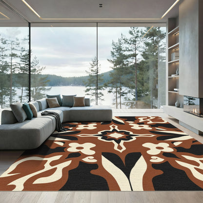 Earthy Brown Cream Black Floral Swirl Rug