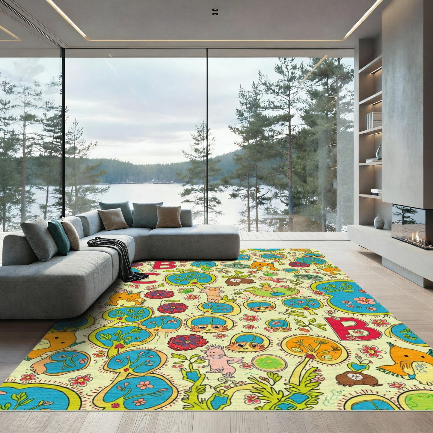 Whimsical Creatures And Alphabet Yellow Rug