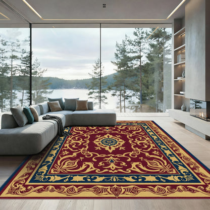 Crimson and Gold Courtly Floral Medallion Rug