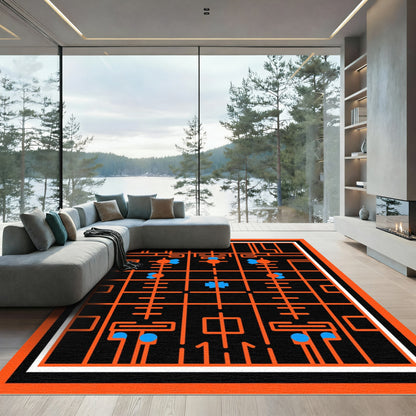 Orange Blue Geometric Grid Abstract Rug