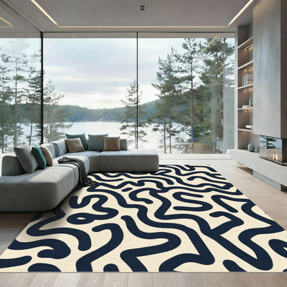 Cream Navy Abstract Wavy Lines Rug