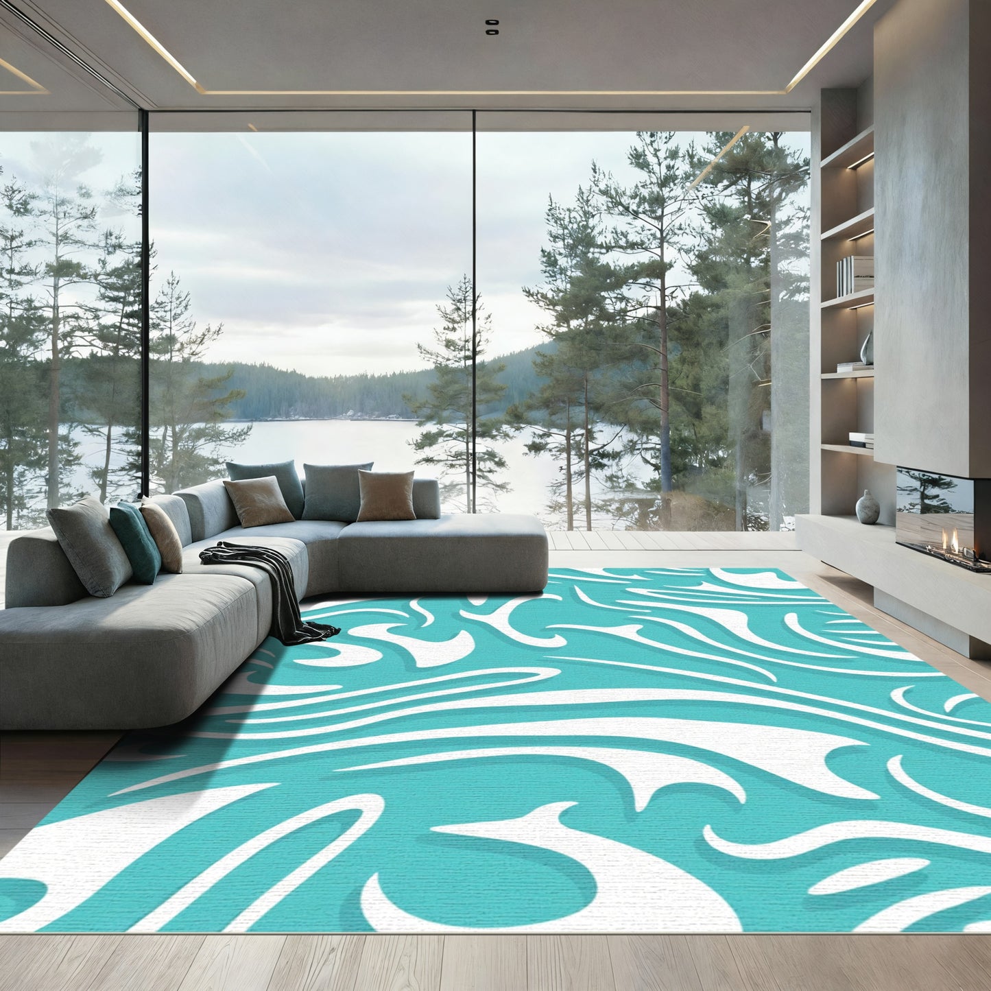 Aqua White Fluid Swirls Rug