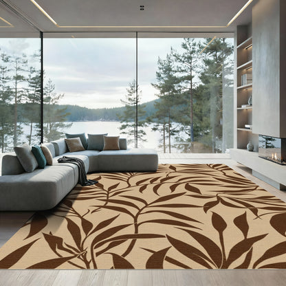 Brown Leafy Branches Beige Background Rug