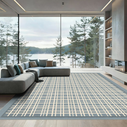 Pale Blue Tan Plaid Grid Rug