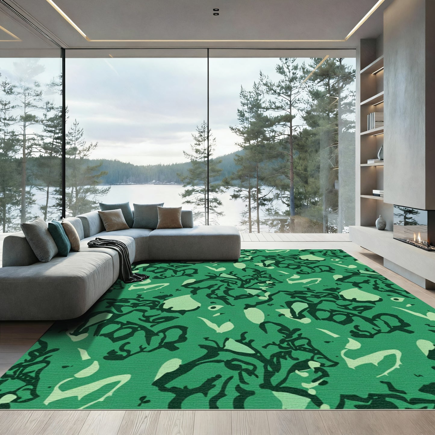 Earthy Green Abstract Organic Swirl Rug
