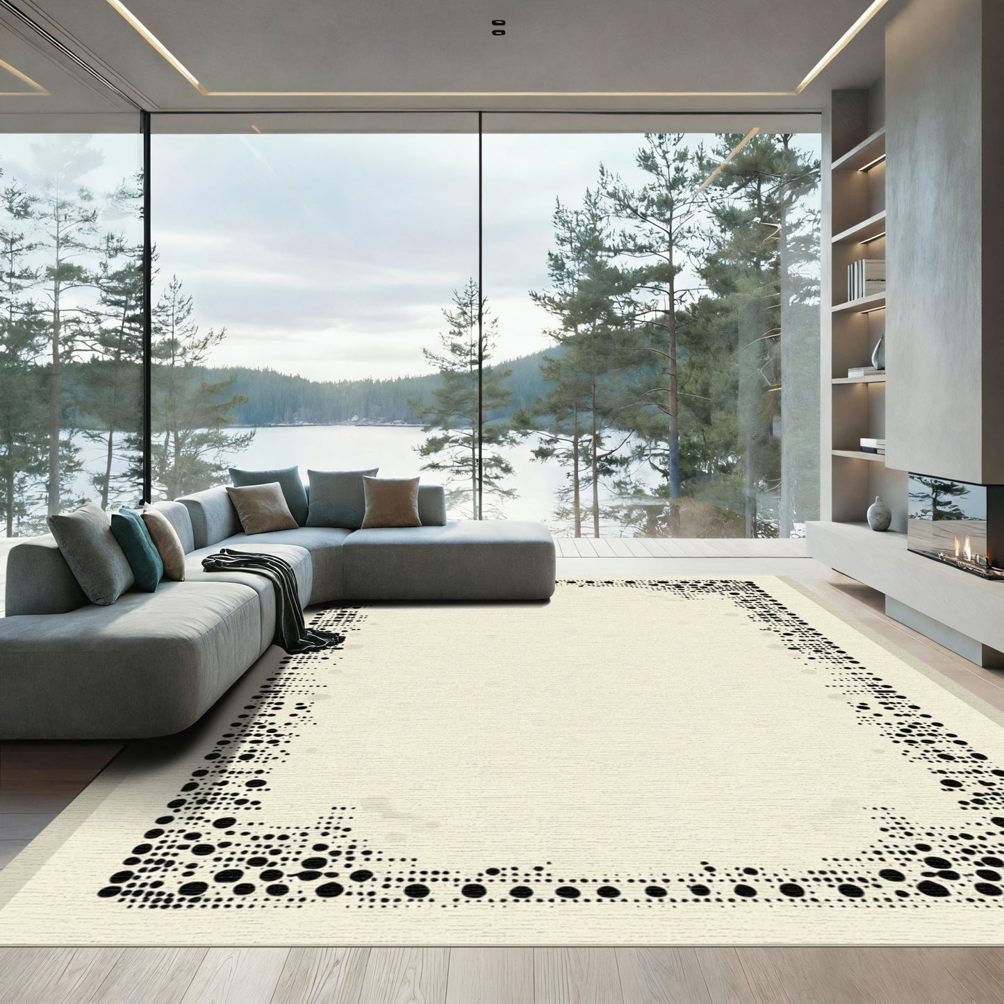 Black Dot Border Abstract Rectangle Rug