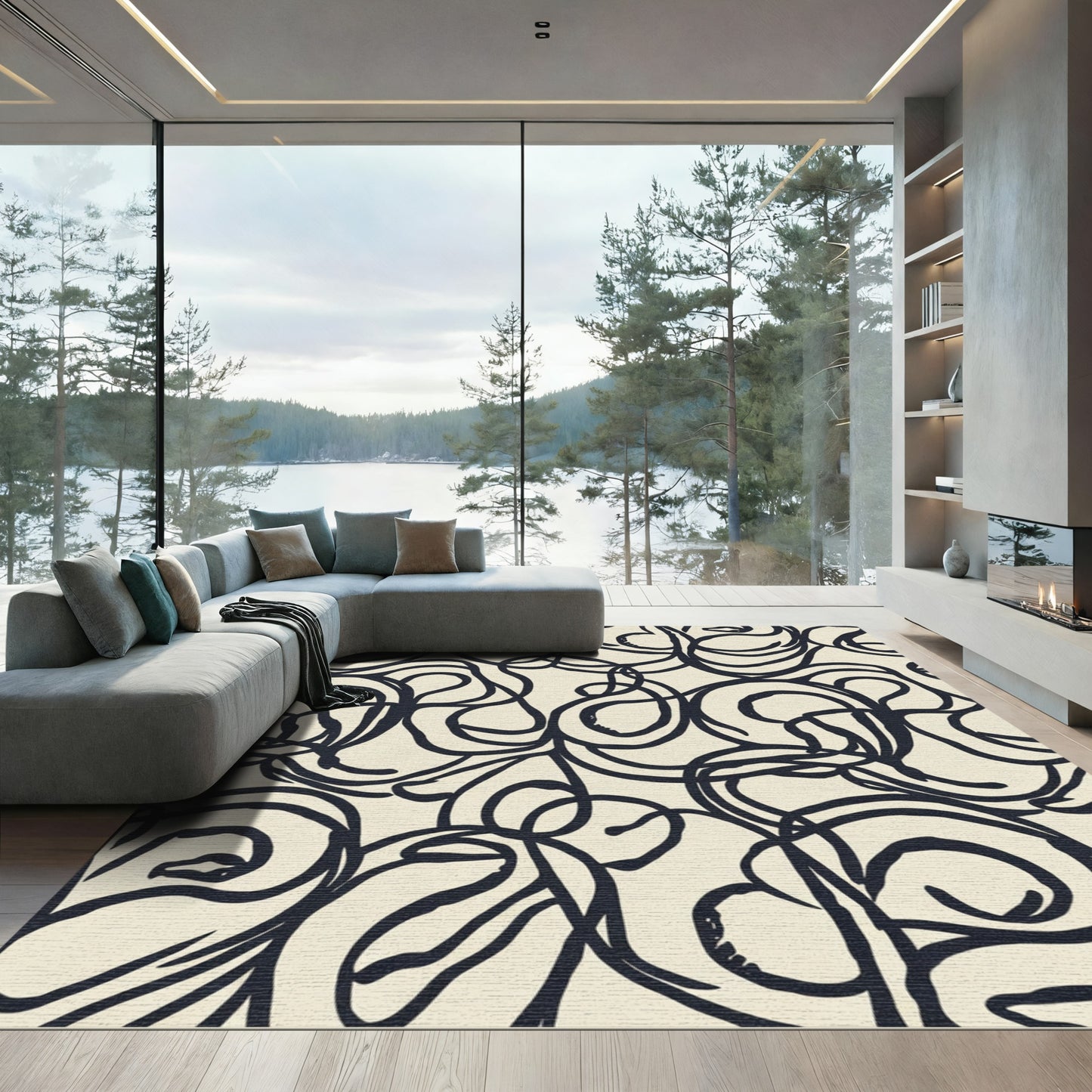 Cream Swirl Calligraphy Abstract Rug