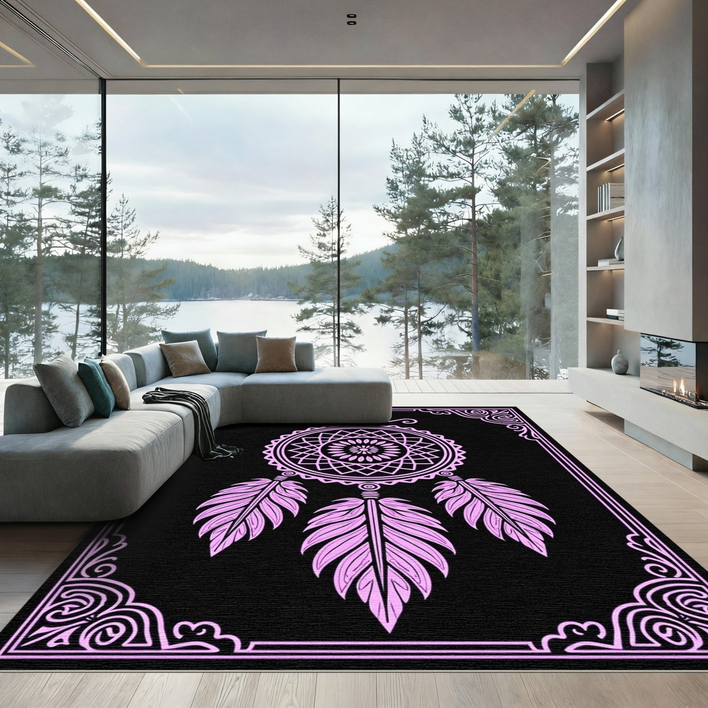 Pink Feather Dreamcatcher Mandala Rug