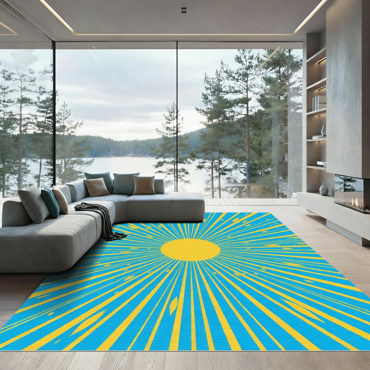 Radiant Sunburst Blue Yellow Burst Rug