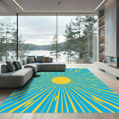 Radiant Sunburst Blue Yellow Burst Rug