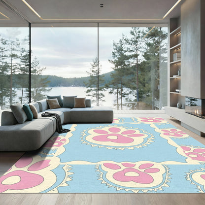 Cute Paw Print Blue Cream Composition Rug