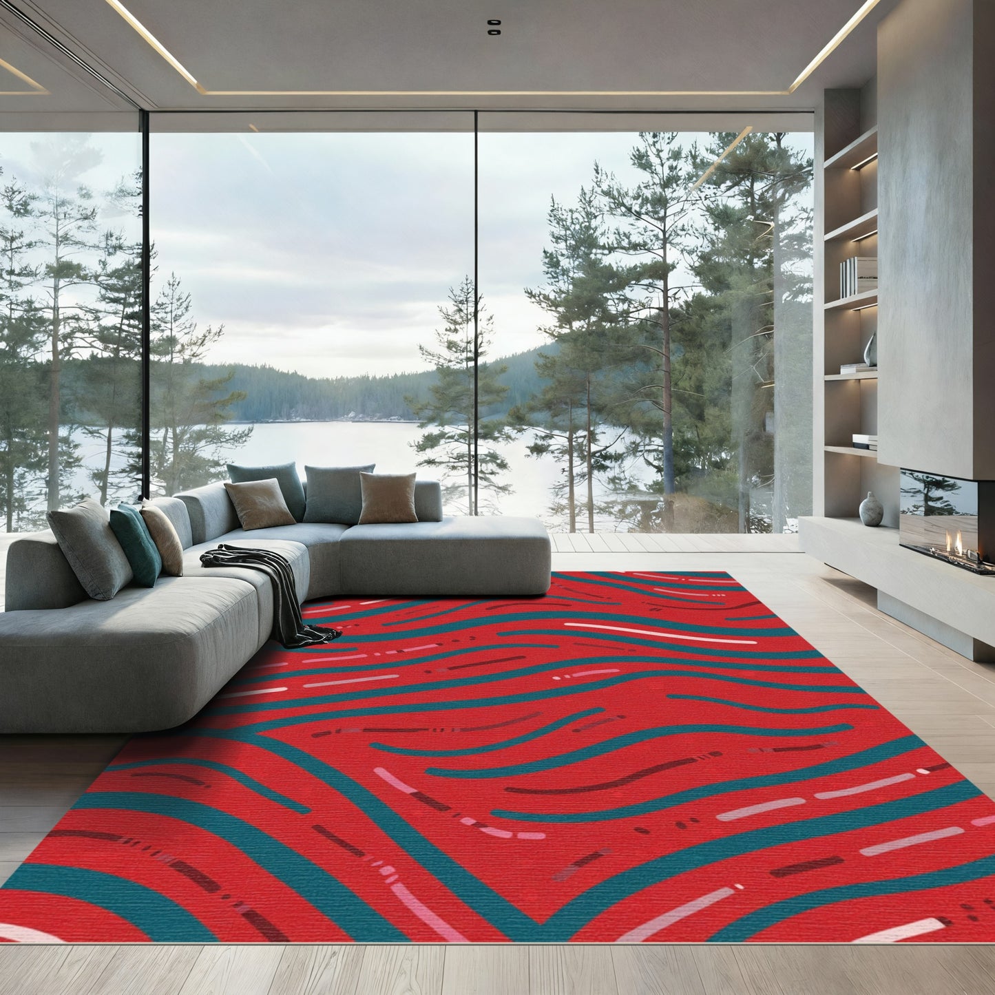 Crimson Teal Wavy Strokes Rug