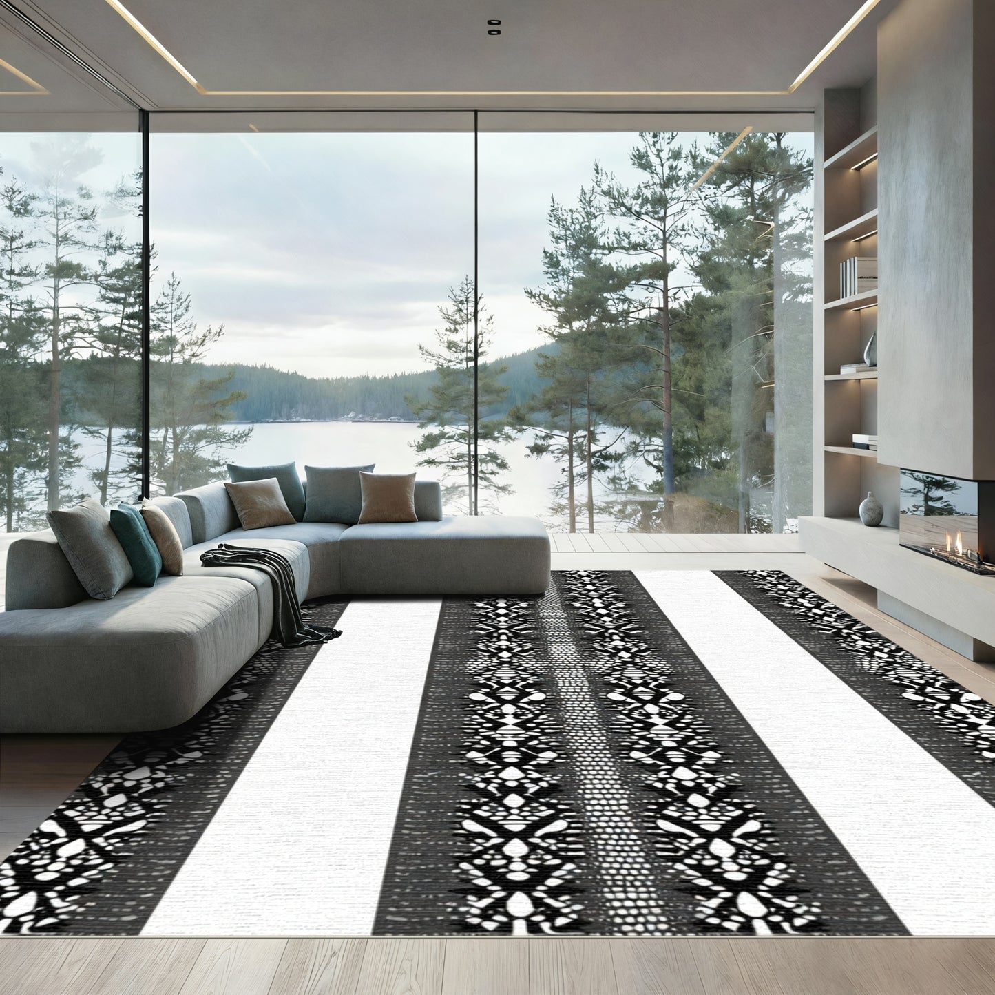 Dark Gray Ornamental Stripe Rug