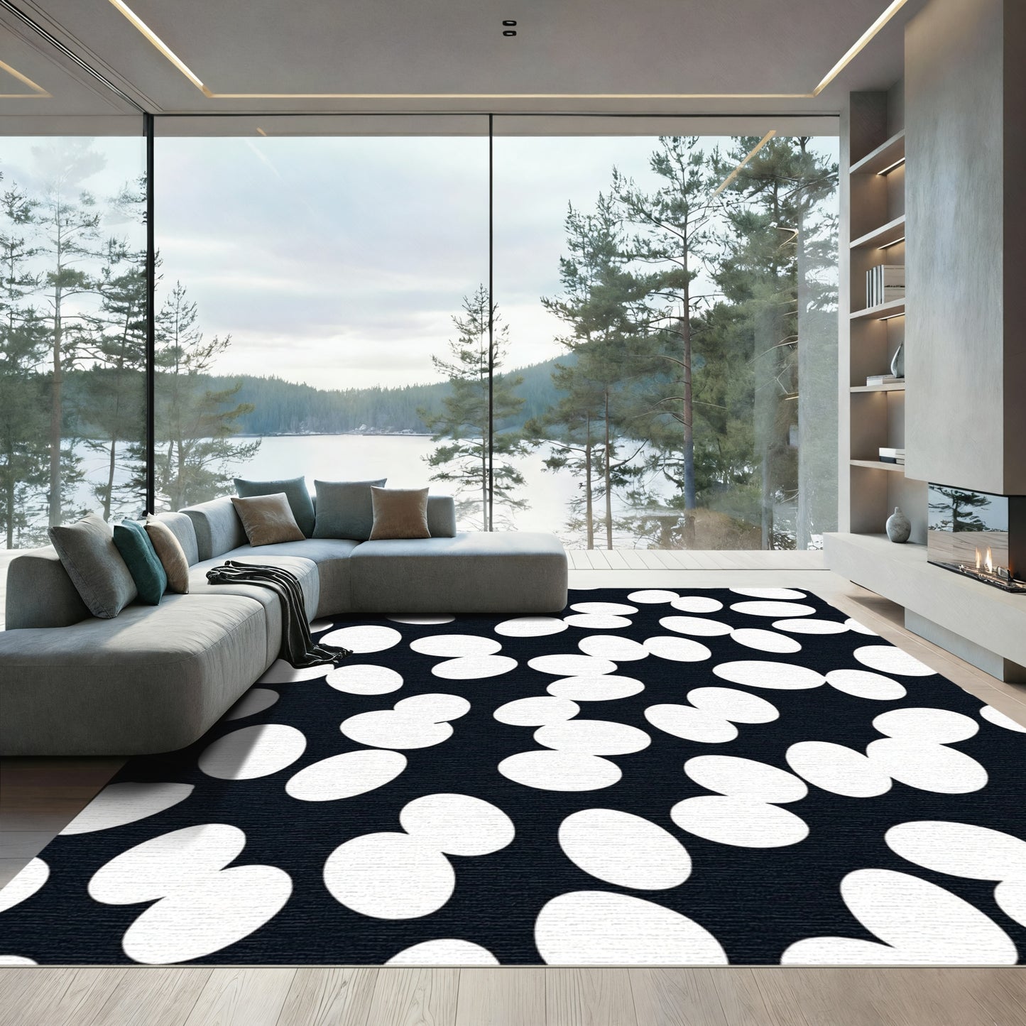 Abstract White Oval Clusters Dark Rug