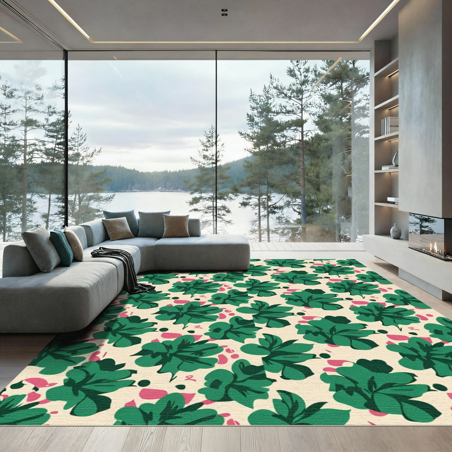Emerald Lush Green Floral Scattered Print Rug