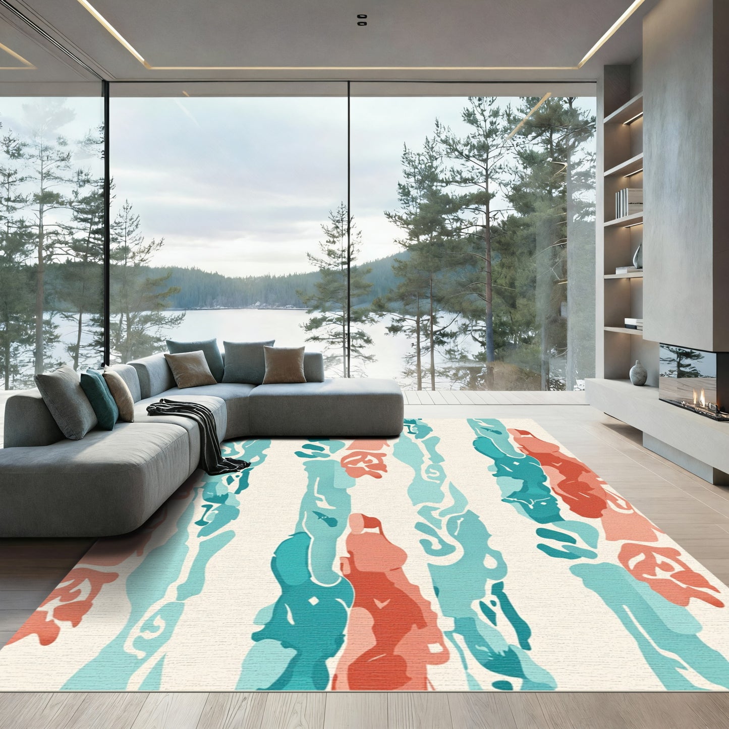 Coral Teal Abstract Vertical Strokes Rug