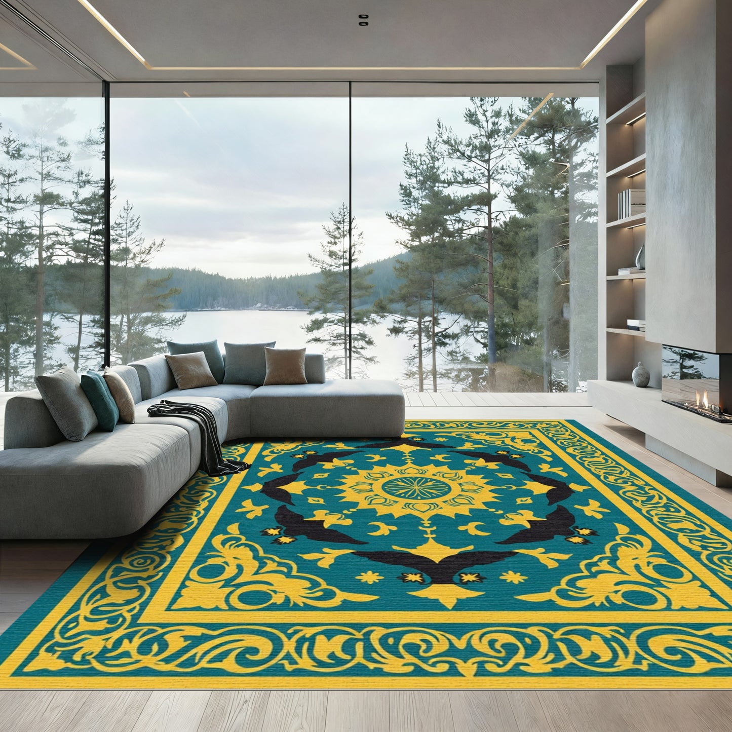 Teal Golden Bird Mandala Border Rug
