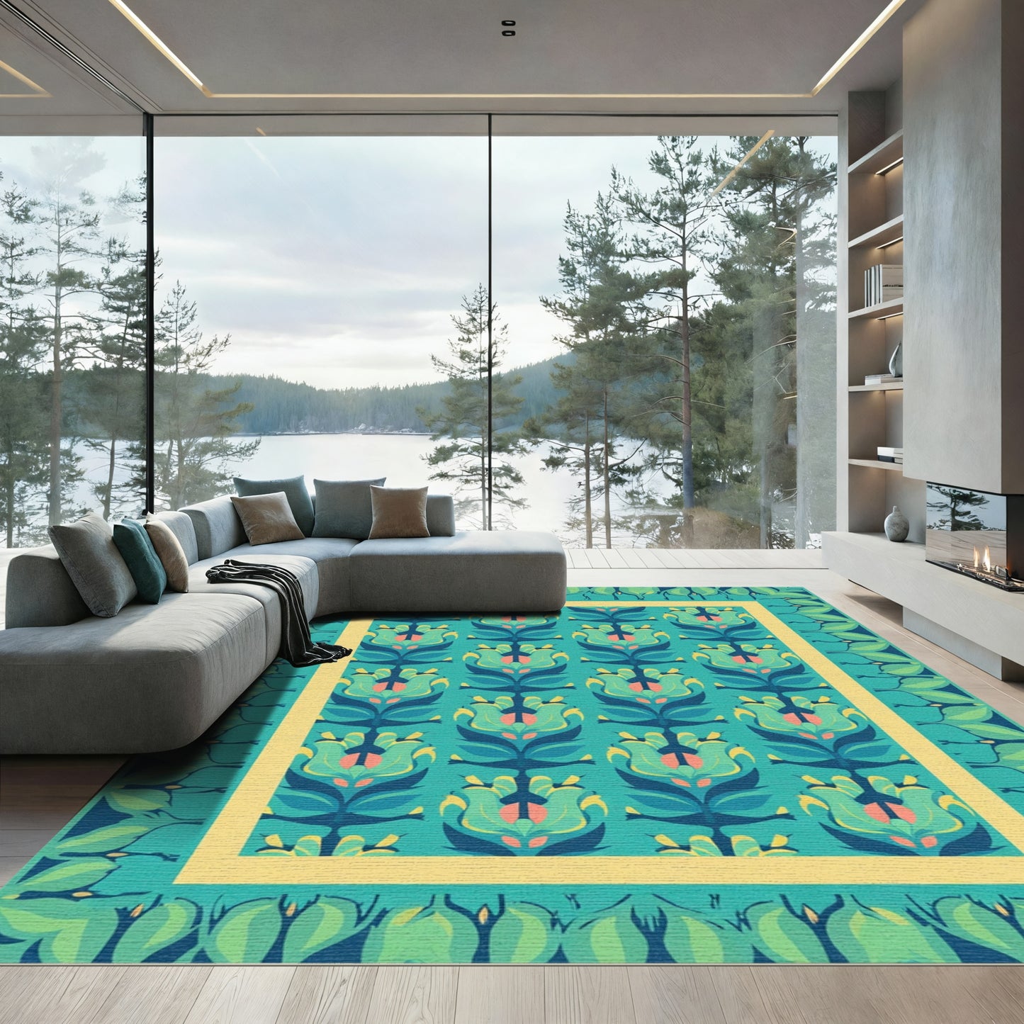 Teal Teal Floral Medallion Border Rug