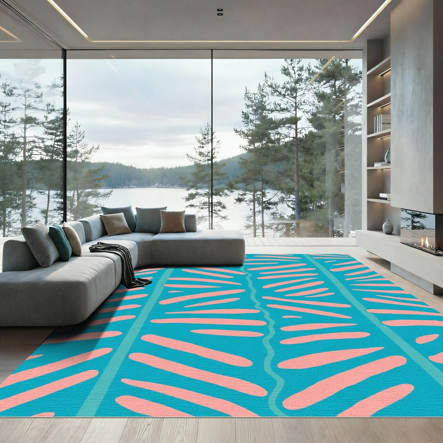 Teal And Coral Stripe Pattern Rug