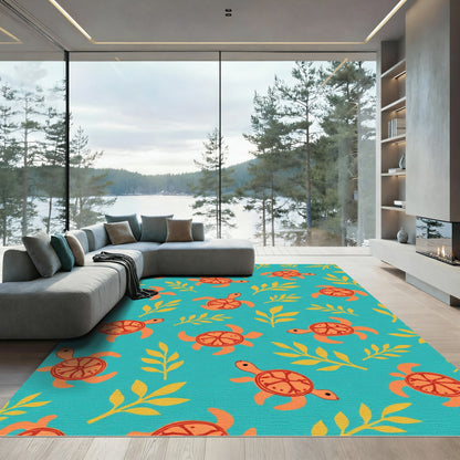 Coastal Orange Turtle Teal Foliage Rug