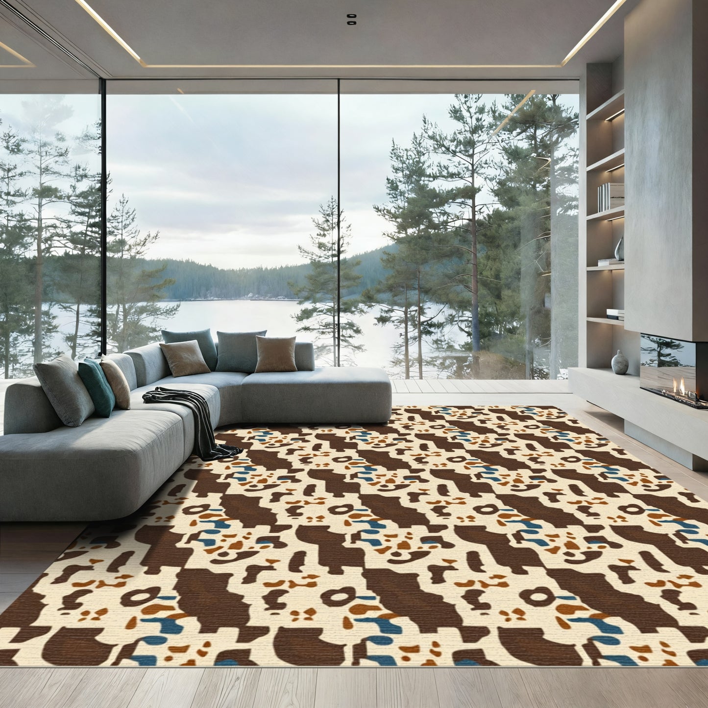 Abstract Terracotta Blue Organic Shapes Rug