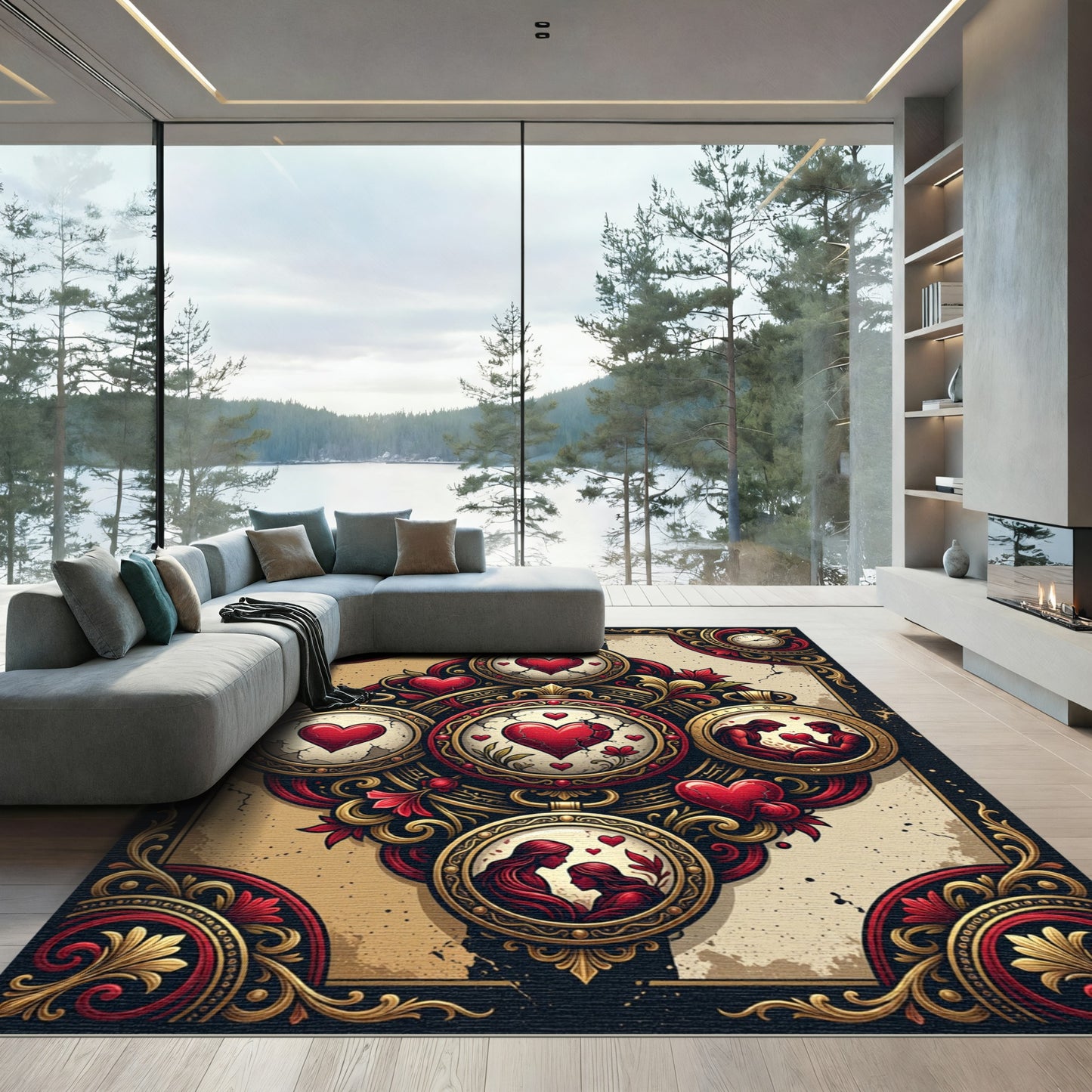 Ornate Red Gold Heart Locket Collage Rug