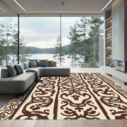 Ornate Sepia Damask Vertical Stripe Rug