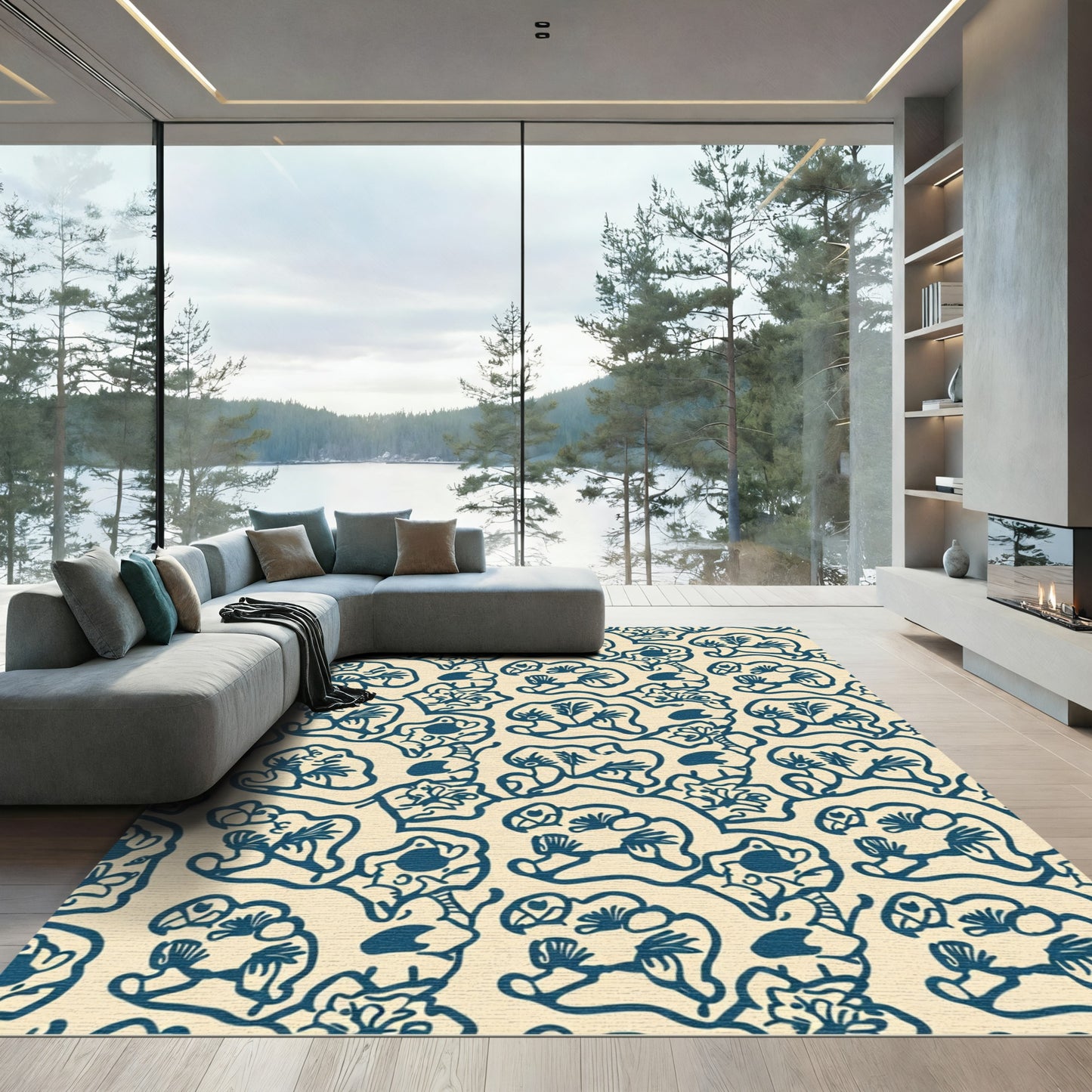 Navy Blue Floral Whimsical Composition Rug