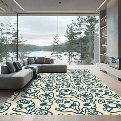 Navy Blue Floral Whimsical Composition Rug