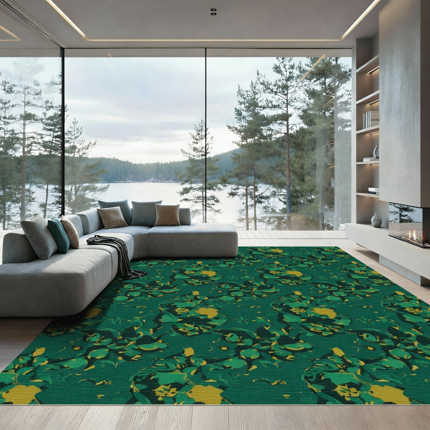 Deep Emerald Abstract Floral Composition Rug