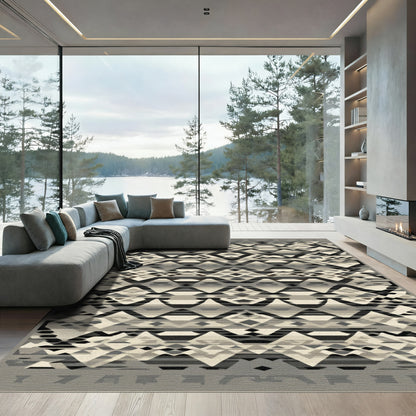 Geometric Tribal Black Beige Accents Rug