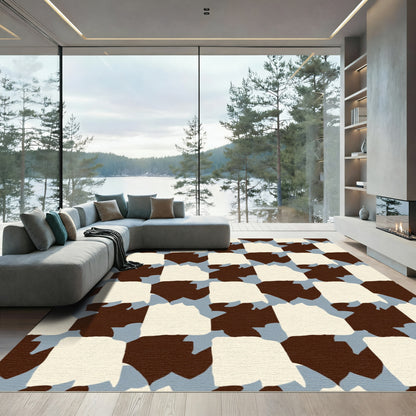 Chocolate Cream Blue Gridded Shapes Rug