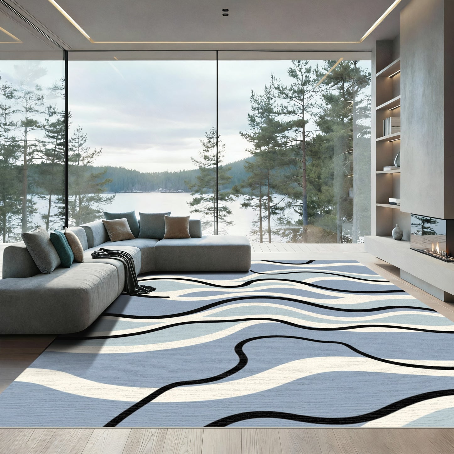 Abstract Blue Wave Organic Flow Rug