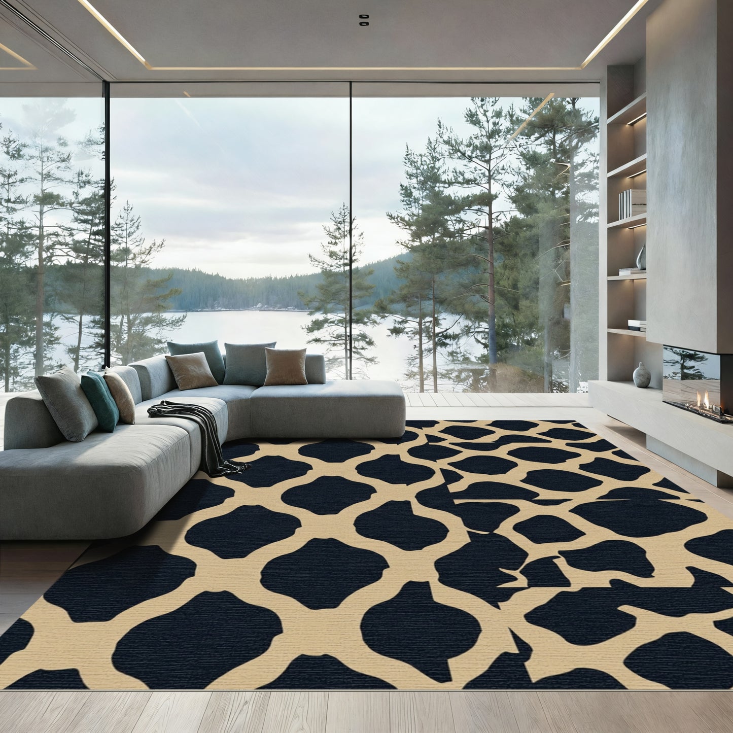 Tan Network Navy Geometric Rug