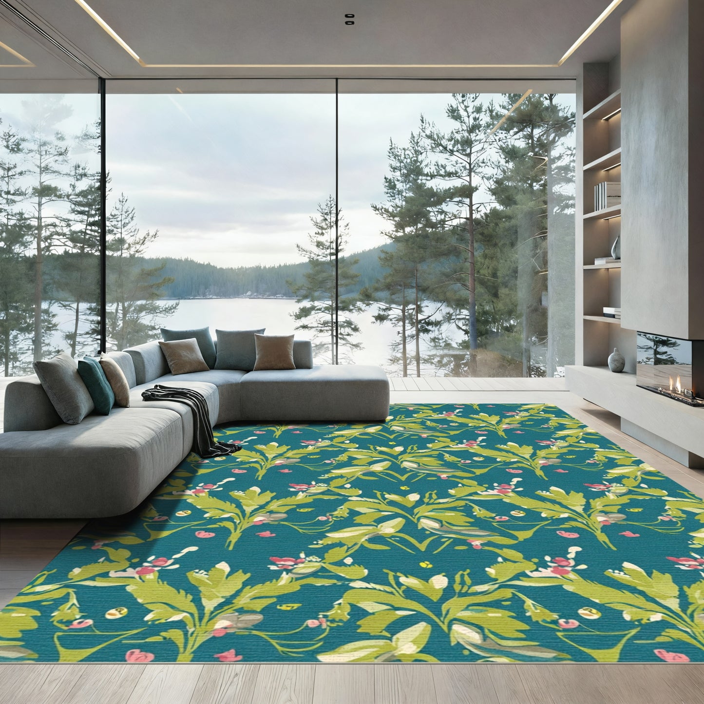 Teal Floral Botanical Garden Rug
