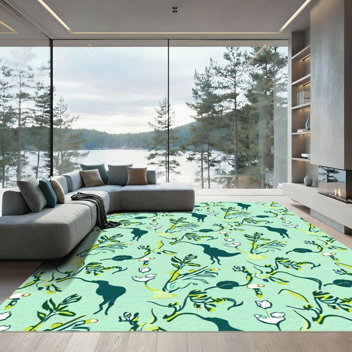 Teal Silhouette Bird Floral Branches Rug
