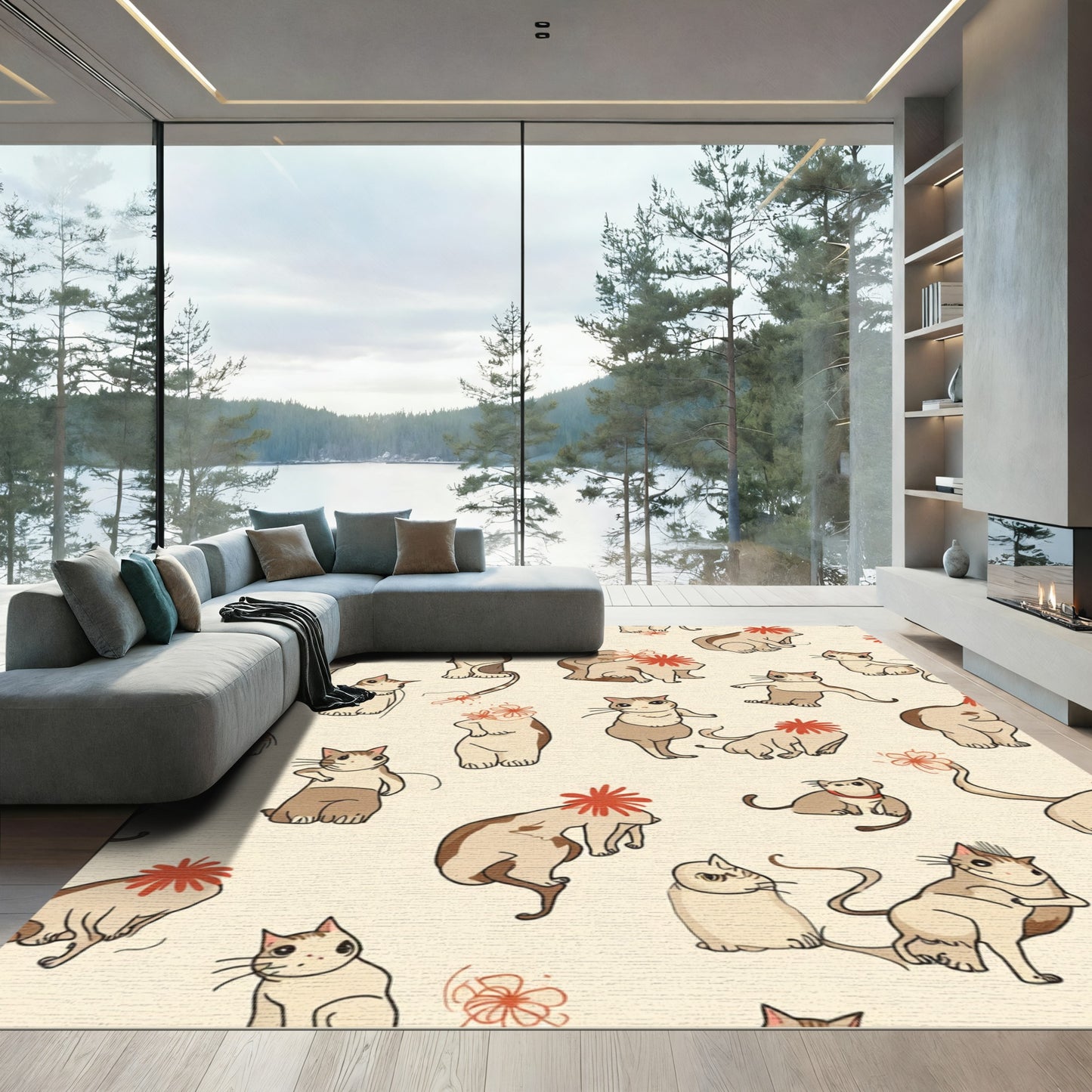 Whimsical Cat Ensemble With Floral Accents Rug