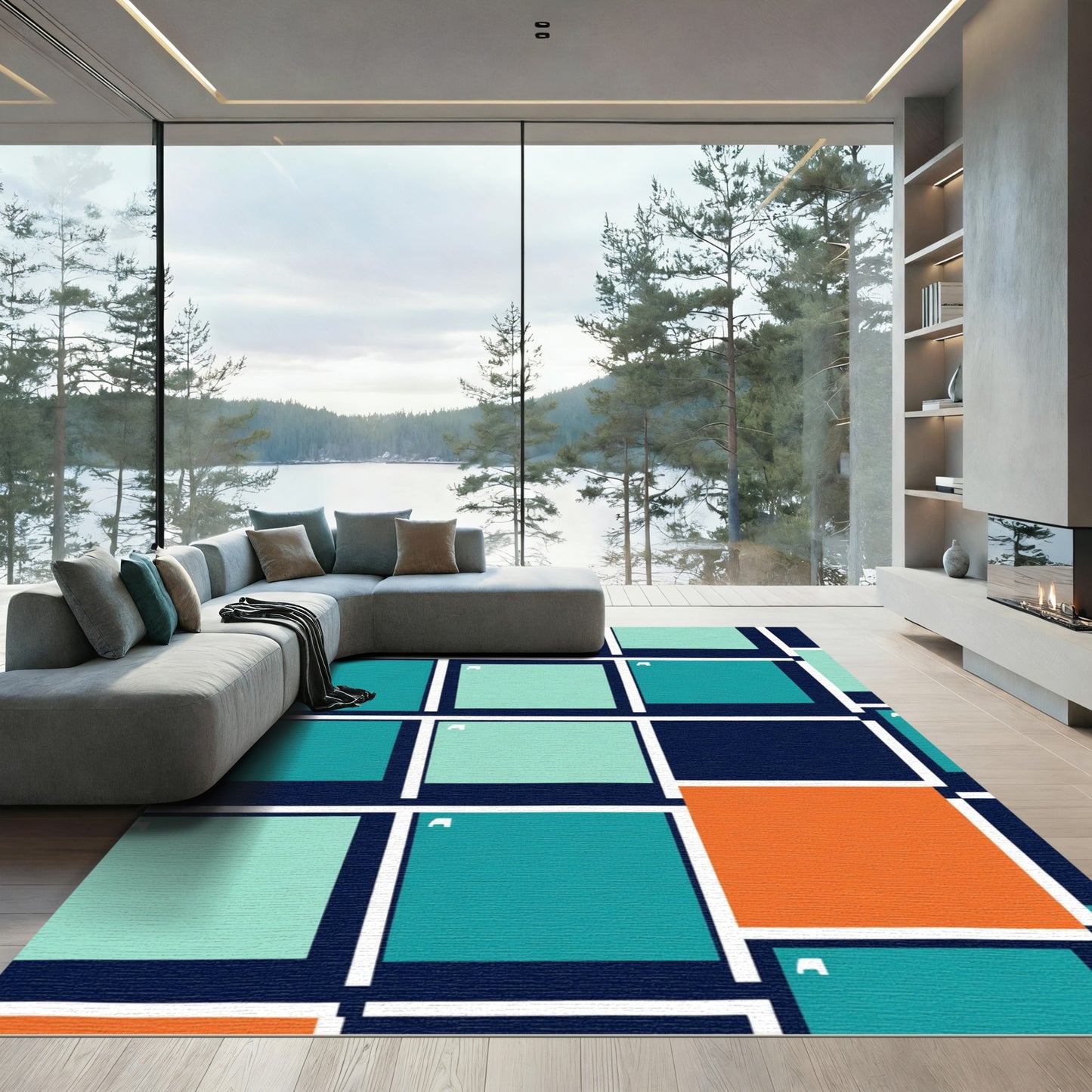 Orange Teal Blue Geometric Blocks Rug