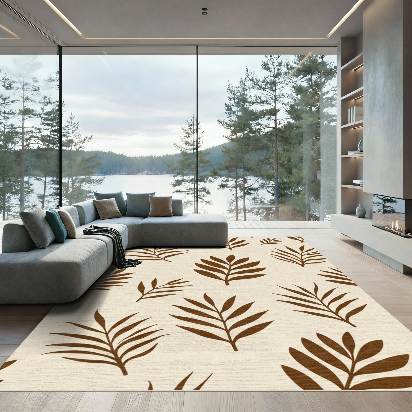 Warm Brown Tropical Leaf Pattern Rug