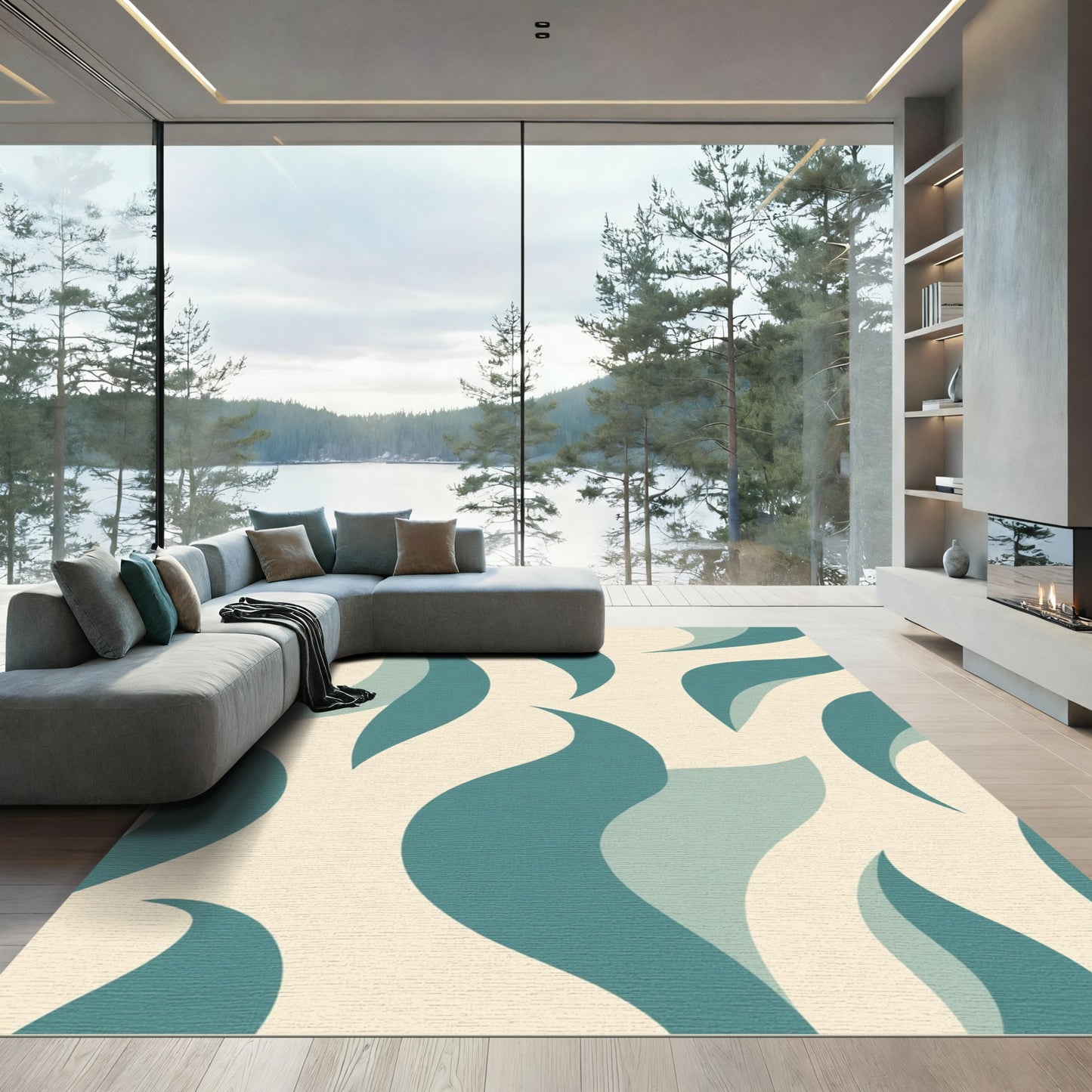 Teal Abstract Wave Organic Rug